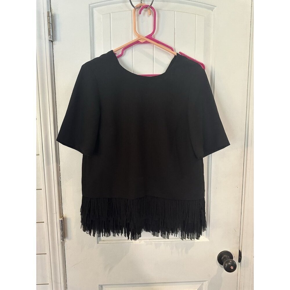 Banana Republic Black Short Sleeve Fringe Blouse Size Small Petite
